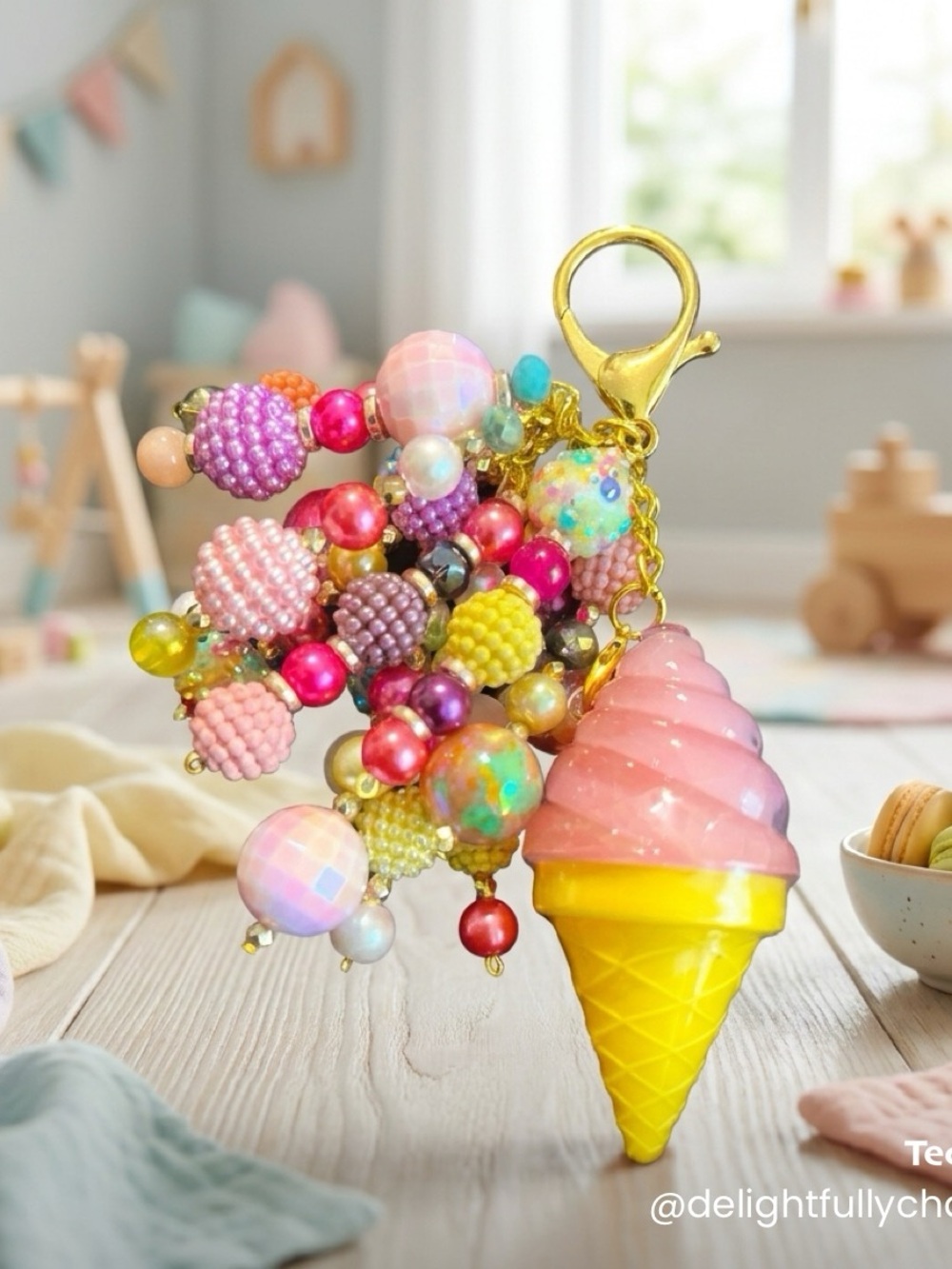 Pastel Ice Cream Cone Lip Gloss Beaded Keychain Charm